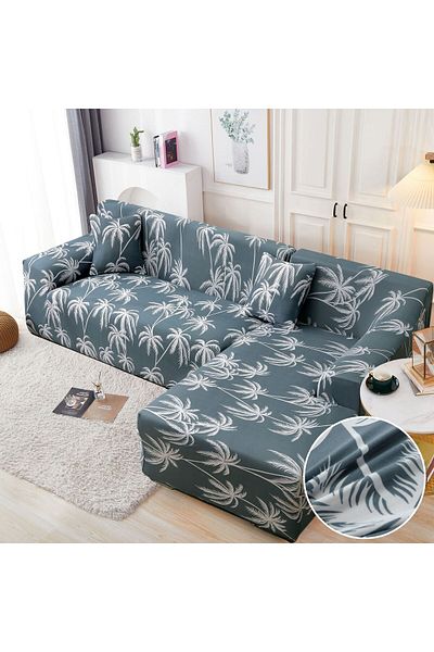 trendyhome Husă elastică pentru canapea de colț, bumbac elastic, 3 locuri + 2 locuri, gri/alb, J11269