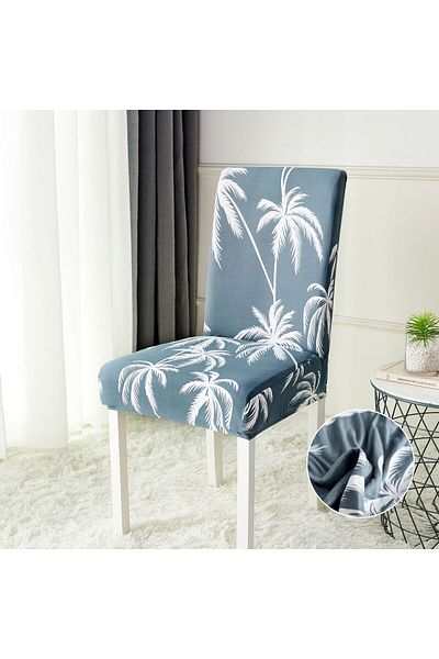 trendyhome Set of 6 Elastic Chair Covers, Stretch Cotton, Palm Tree Design, Blue/White J11241