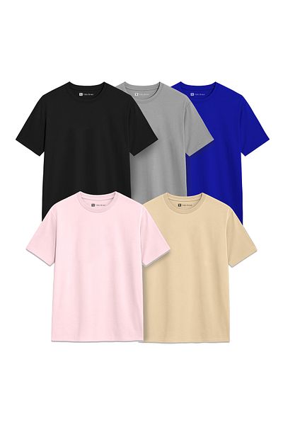 Yoo Street Pack of 5 Solid Colors Men’s Plain T-Shirt 100% Cotton Round Neck Short Sleeve Breathable GSM-190