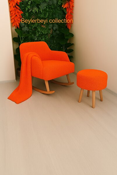 BEYLERBEYİ Berjer, Sallanan Ahşap Ayaklı neon turuncu Rengi Berjer Koltuk, sallanan Sandalye - Puf Hediyeli