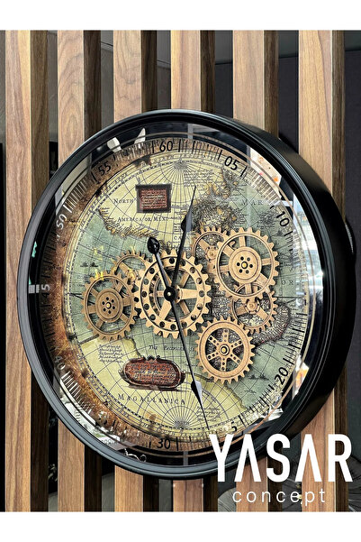 YASAR CONCEPT Earthline Dünya Haritalı Metal Çarklı Duvar Saati 60 Cm