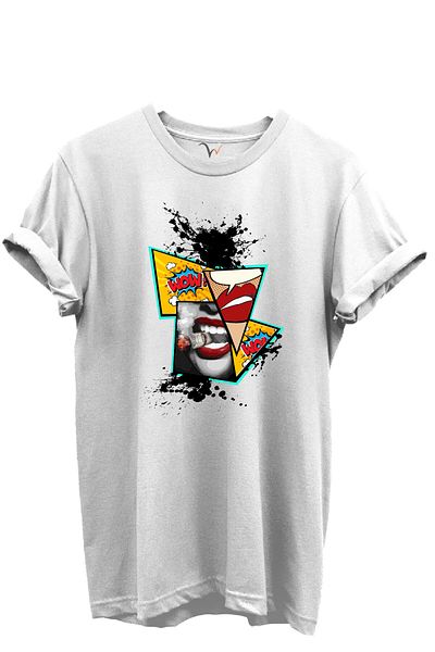WİDİ Pop Art Lip and Comic Printed Wow Themed 100% Cotton Regular Fit Unisex T-Shirt