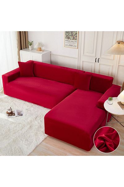 trendyhome Elastic Corner Sofa Cover, Velvet, 3 Seater + 2 Seater, UNI, Red, J11005