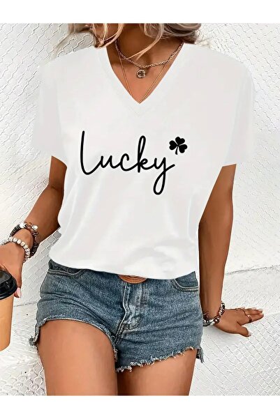 FUFLUNS تي شيرت نسائي كبير الحجم برقبة على شكل حرف V مطبوع من LUCKY