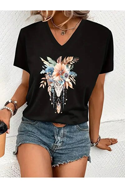 FUFLUNS Flower Printed Women's Oversize V-Neck T-Shirt