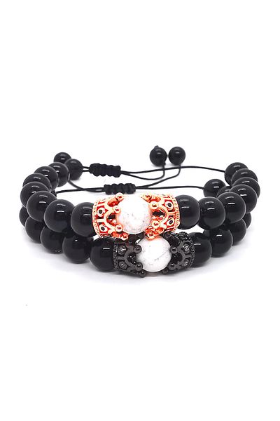 OEM Set 2 bratari reglabile din onix cu pandantiv coroana dubla