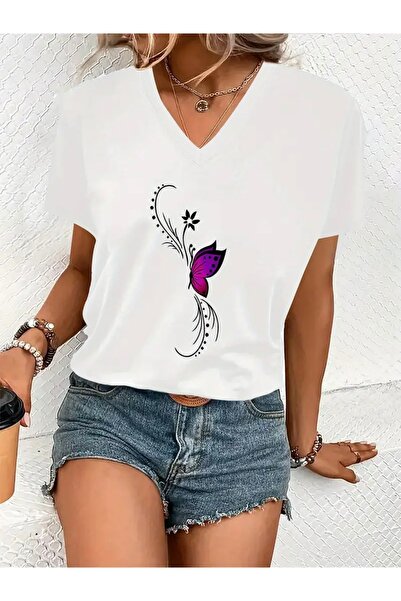 FUFLUNS Butterfly Design Printed Women's Oversize V-Neck T-Shirt