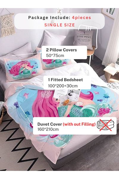LUNA HOME Single size 4 piece bedding set with duvet cover 3D mermaid design 160x210cm.