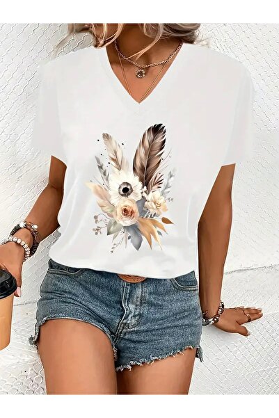 FUFLUNS تي شيرت نسائي كبير الحجم برقبة على شكل حرف V مطبوع عليه زهور