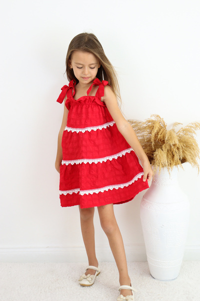 FESSHERA KİDS 🌿 Girls' Bow Strap Ruffled Cotton Dress–Bow Strap, Layered Ruffles, Lace Detail 🌿