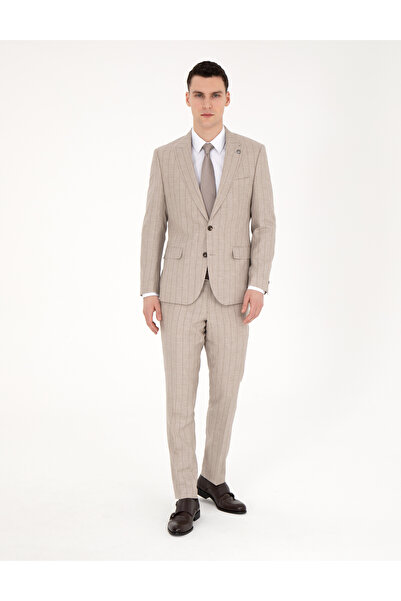 Pierre Cardin Bej Slim Fit Yün Keten Karışımlı Çizgili Takım Elbise 50285350-VR011