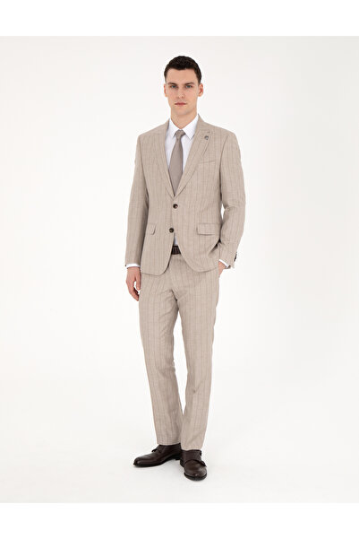Pierre Cardin Bej Slim Fit Yün Keten Karışımlı Çizgili Takım Elbise 50285350-VR011