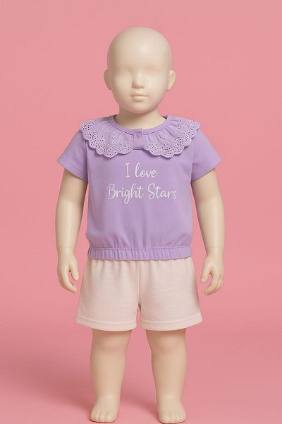 Nazar Lilac Summer Girl's Set with Combed Cotton Printed Shorts