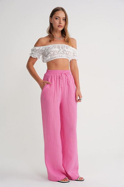 Mixray 4286 Women's Elastic Waist Muslin Palazzo Trousers Pink