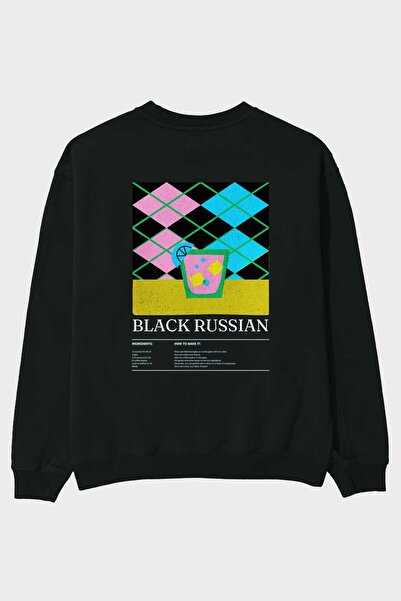 Ankhises سويت شيرت روسي أسود مطبوع من الأمام مقاس كبير للرجال والنساء للجنسين