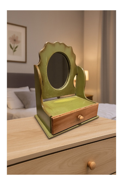 onyyapim LÜKS AHŞAP MASAÜSTÜ AYNALI TAKI & MAKYAJ KUTUSU – ESKİTME YEŞİL