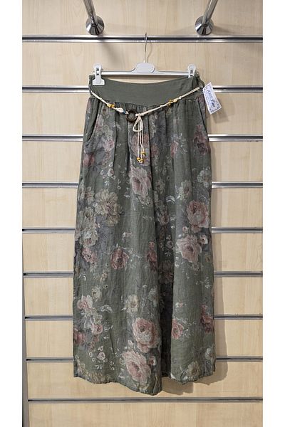 Park Moda Pantaloni din in italian cu model de trandafiri cu detaliu de centura