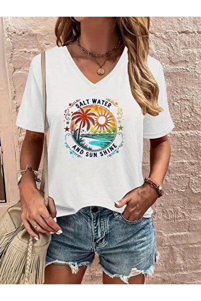 FUFLUNS تي شيرت نسائي كبير الحجم برقبة على شكل حرف V مطبوع عليه PALMIE & SUN