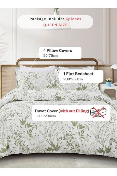 LUNA HOME Queen size 6 pieces, duvet cover set, green plant leaf design 200x230cm.
