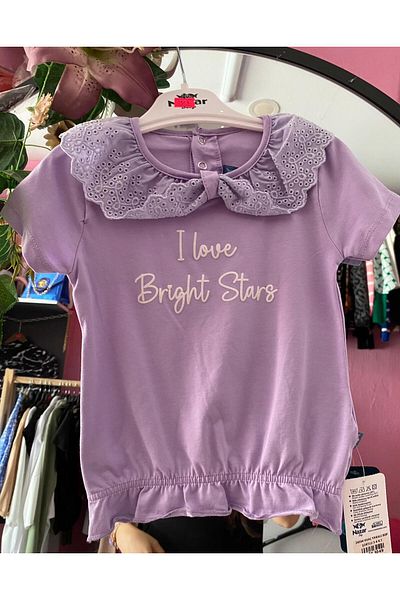 Nazar Lilac Summer Girl's Set with Combed Cotton Printed Shorts