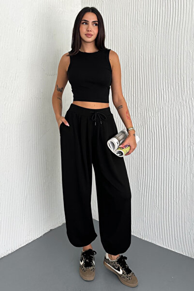 Dolcha Oslo Kadın Beli Bağcıklı Salaş Modal Şalvar Siyah Pantolon – Rahat Kes...