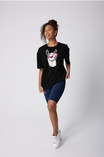 Bheka Concept Lama Cartoon Printed Oversize Cotton Black Unisex T-Shirt