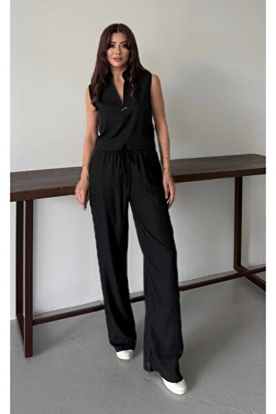 cn novembersun Női fekete vászonnadrág mellény szett