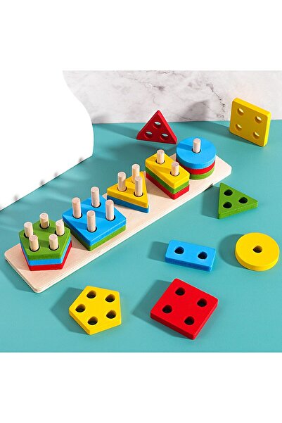 Bibilel Kids Educational Toy, Montessori Wooden Geometric Shapes, 20 Pieces, 6 x 26.5 cm