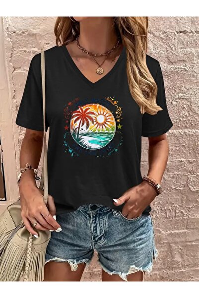 FUFLUNS TRICOU DE DAMĂ OVERSIZE CU GULER ÎN V CU IMPRIMEU PALMĂ & SUN