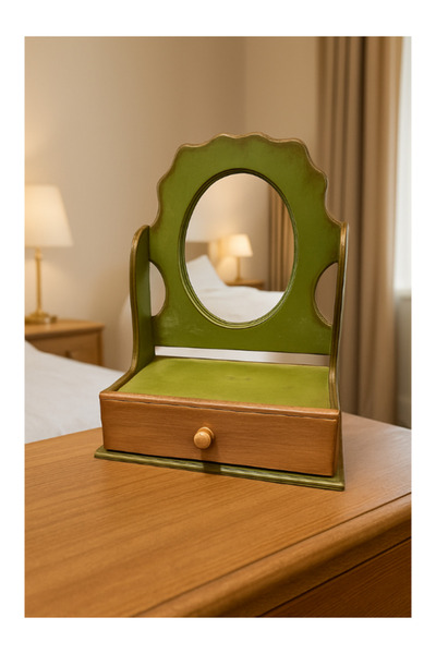 onyyapim LÜKS AHŞAP MASAÜSTÜ AYNALI TAKI & MAKYAJ KUTUSU – ESKİTME YEŞİL