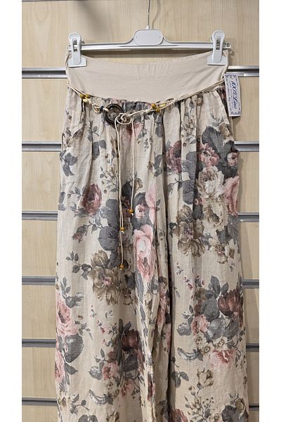Park Moda Pantaloni din in italian cu model de trandafiri cu detaliu de centura