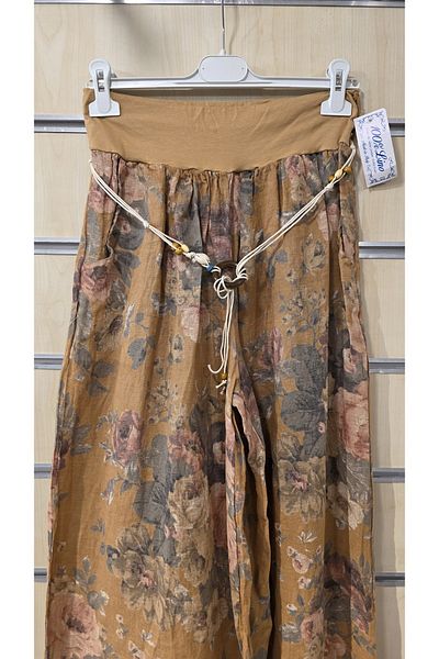 Park Moda Pantaloni din in italian cu model de trandafiri cu detaliu de centura