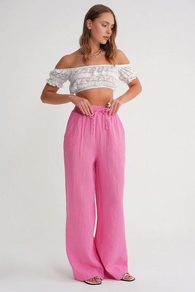 Mixray 4286 Women's Elastic Waist Muslin Palazzo Trousers Pink