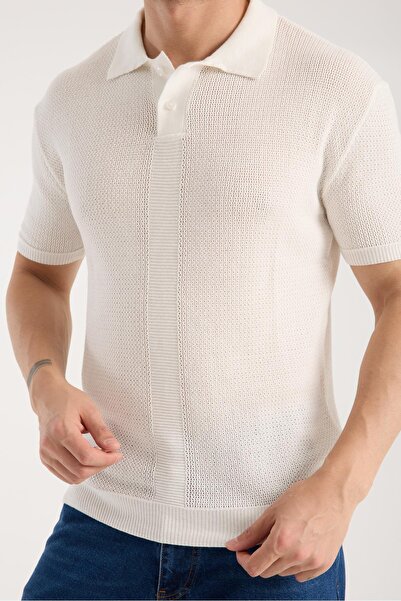 Afri Tricou pentru bărbați, cu gât polo, textura simplă, alb, cu mânecă scurtă