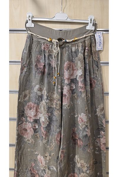 Park Moda Pantaloni din in italian cu model de trandafiri cu detaliu de centura