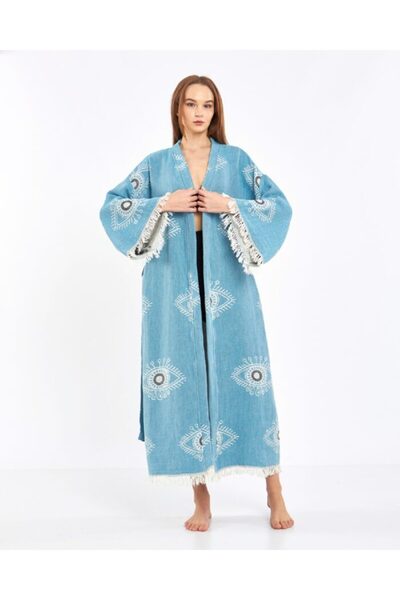 hamam house Jacquard White Eye Baby Blue Kimono Bathrobe