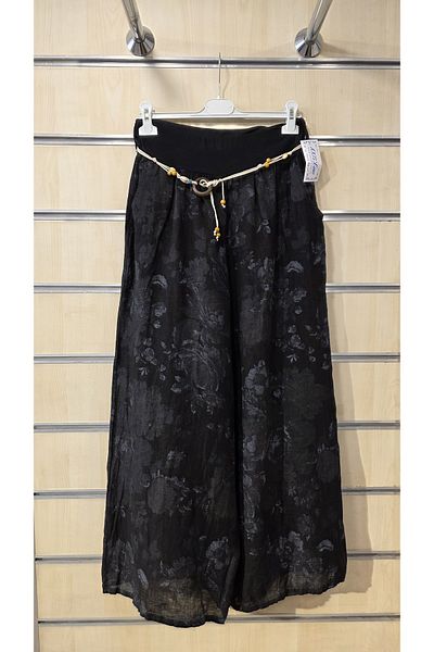 Park Moda Pantaloni din in italian cu model de trandafiri cu detaliu de centura