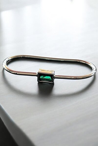 TAKIŞTIR Silver Color Green Stone Detailed Two Finger Design Ring