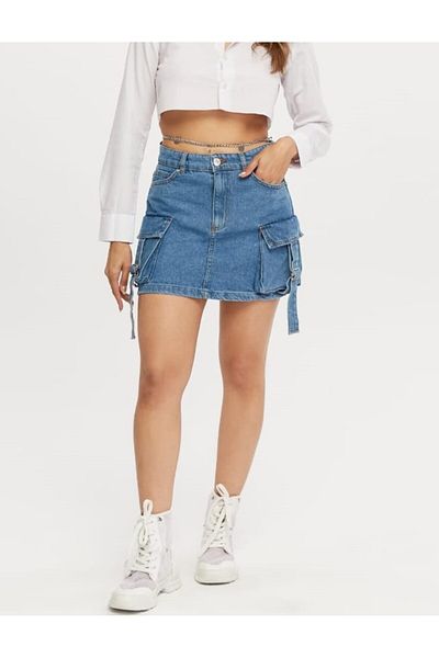 SHEVEGA Women's Blue Bellowed Cargo Pocket Denim Skirt