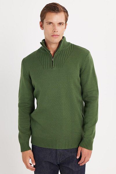 Tudors Pulover pentru bărbați, slim fit, cu fermoar, verde, cu guler vertical
