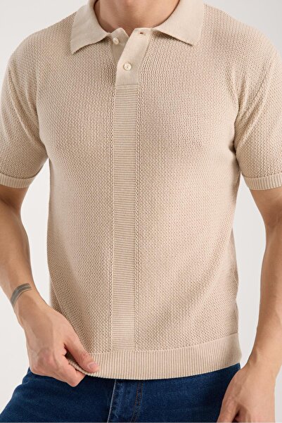 Afri Tricou pentru bărbați, cu gât polo, cu textura simplă, bej, cu mânecă sc...