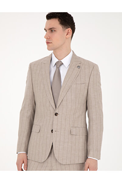 Pierre Cardin Bej Slim Fit Yün Keten Karışımlı Çizgili Takım Elbise 50285350-VR011