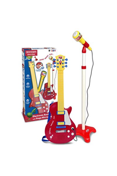 Bontempi Chitară rock electronică roșie pentru copii cu microfon pe piedestal