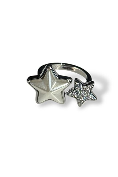 TAKIŞTIR Silver Color Star Figured Pearl and Stone Detailed Adjustable Ring