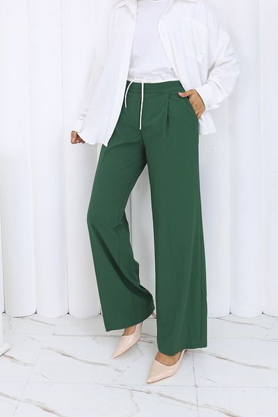 HANIMCA GİYİM Women's Pants with Fabric Belt, Side Pockets, Comfortable Fit, Full Length, Wide Leg