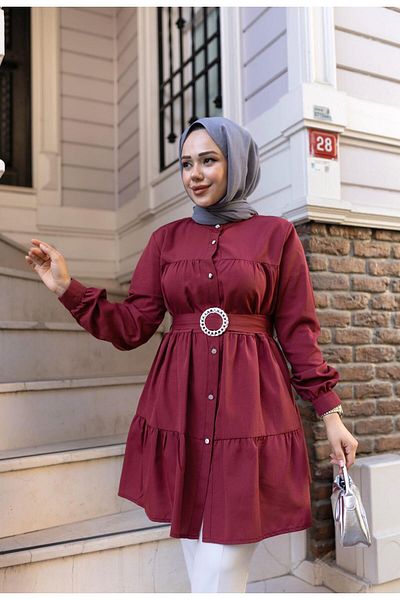 Hb Harma Time Butik Women's Buttoned Belt Detailed Purple Shirt