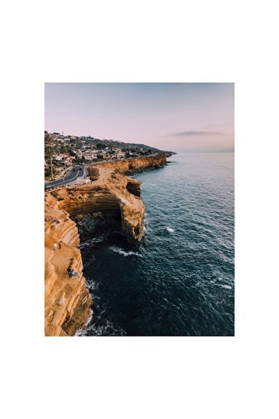 OEM Tablou Canvas, "Faleza stancoasa la apusul soarelui", Ocean, Cliffs, Sunset, Road, Houses