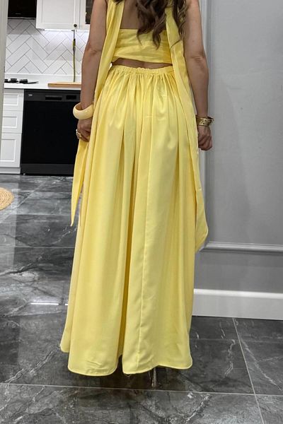 Banu Angay Strapless Asymmetrical Blouse Slit Skirt Double Suit Yellow