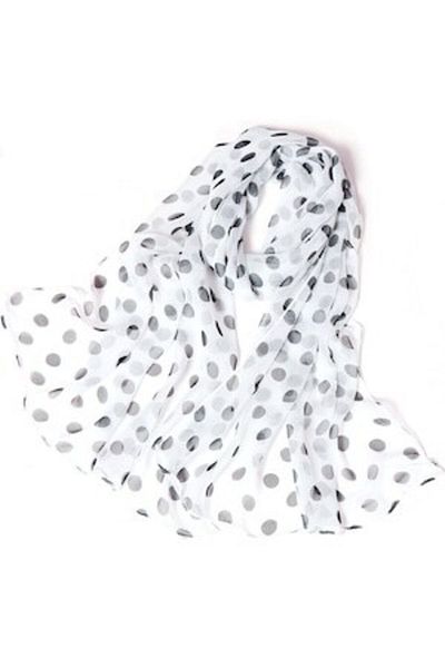 OEM Large Women's Scarf, Elegant, Polyester, Black and Grey Polka Dots, 50x160 cm, White