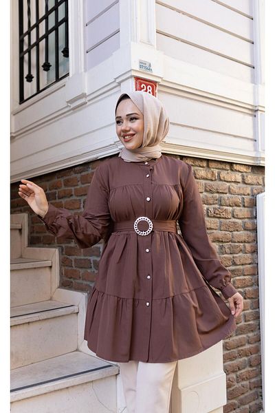 Hb Harma Time Butik Women's Buttoned Belt Detailed Brown Shirt